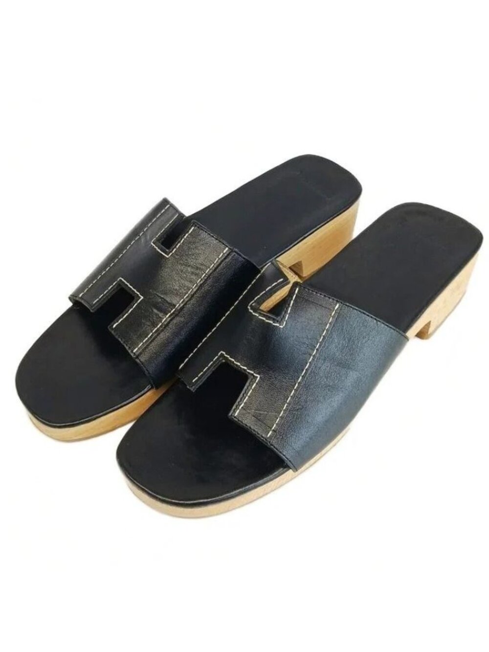 Hermes Kevlar Quebrrar Sandals Leather Wood Sole Open Toe H Logo Stitch